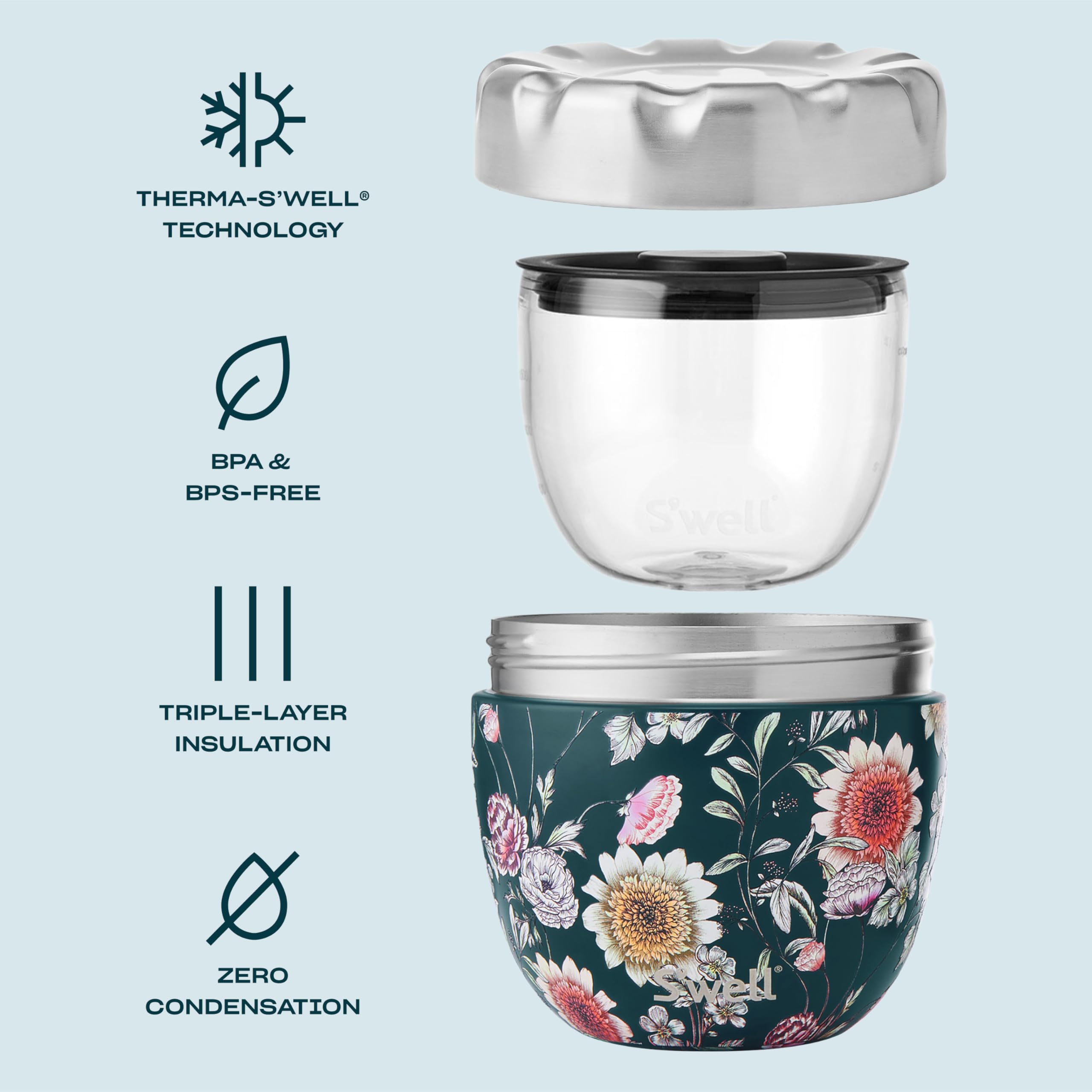 S'well Eats Stainless Steel Food Bowls, 21.5oz, Midnight Botanical, Triple-Layered Vacuum-Insulated Containers Keeps Food Cold for 11 Hours and Hot for 7 hours, Condensation Free, BPA Free, Leakproof - Image 3